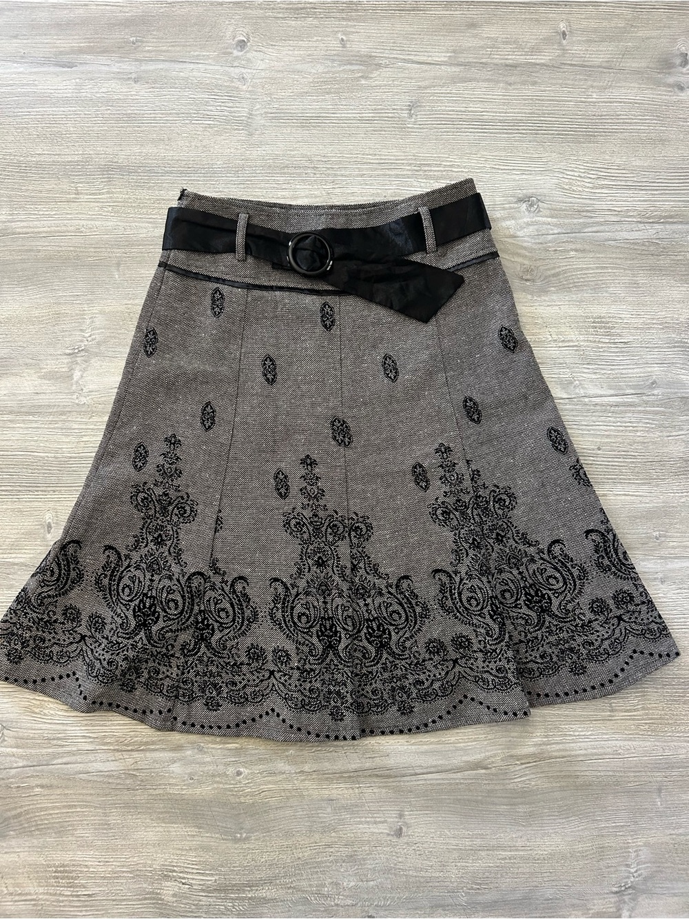 Papillon Tweed A-Line Skirt with Black Embroidery and Satin Belt - Size M